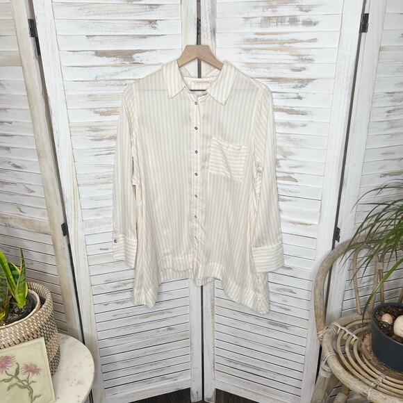 SOFT SURROUNDINGS Women's Med Lorimer Tencel Striped Button Front Tunic Top Tan - Picture 14 of 14